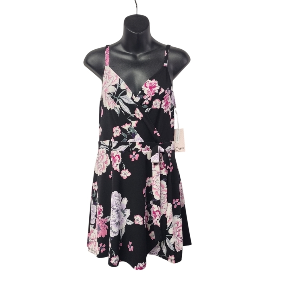 Candie's Black Pink Floral Wrap Mini Dress Size M Spaghetti Strap Tie Waist NWT
